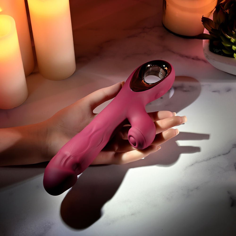 Evolved BURSTING WITH PLEASURE - Red 25.4 cm USB Rechargeable Vibrator with Tapping Clitoral Stimulator - Silk and Sin