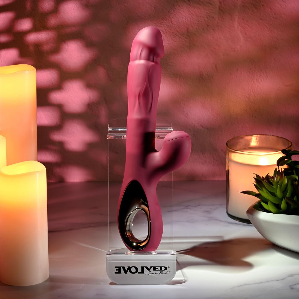 Evolved BURSTING WITH PLEASURE - Red 25.4 cm USB Rechargeable Vibrator with Tapping Clitoral Stimulator - Silk and Sin