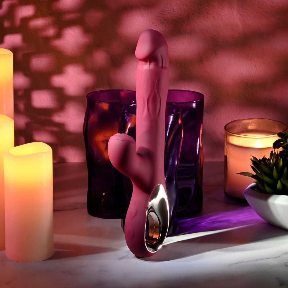 Evolved BURSTING WITH PLEASURE - Red 25.4 cm USB Rechargeable Vibrator with Tapping Clitoral Stimulator - Silk and Sin