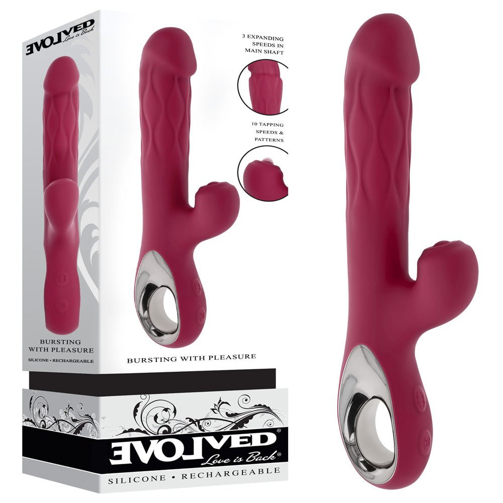 Evolved BURSTING WITH PLEASURE - Red 25.4 cm USB Rechargeable Vibrator with Tapping Clitoral Stimulator - Silk and Sin