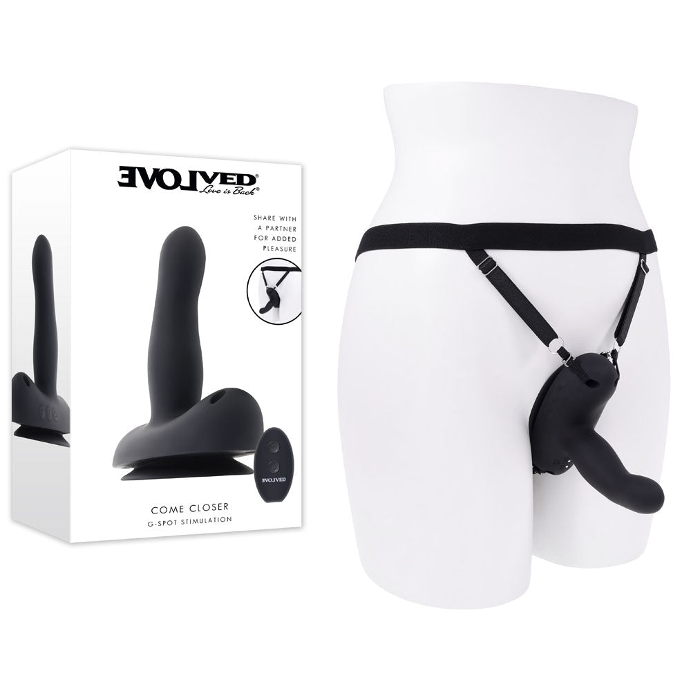 Evolved COME CLOSER - Black USB Rechargeable Vibrating Strap-On with Remote - Silk and Sin