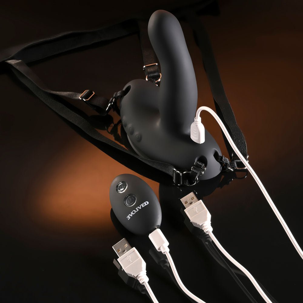 Evolved COME CLOSER - Black USB Rechargeable Vibrating Strap-On with Remote - Silk and Sin