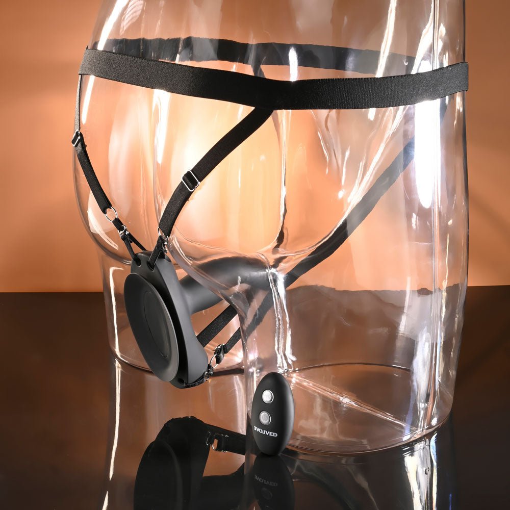Evolved COME CLOSER - Black USB Rechargeable Vibrating Strap-On with Remote - Silk and Sin