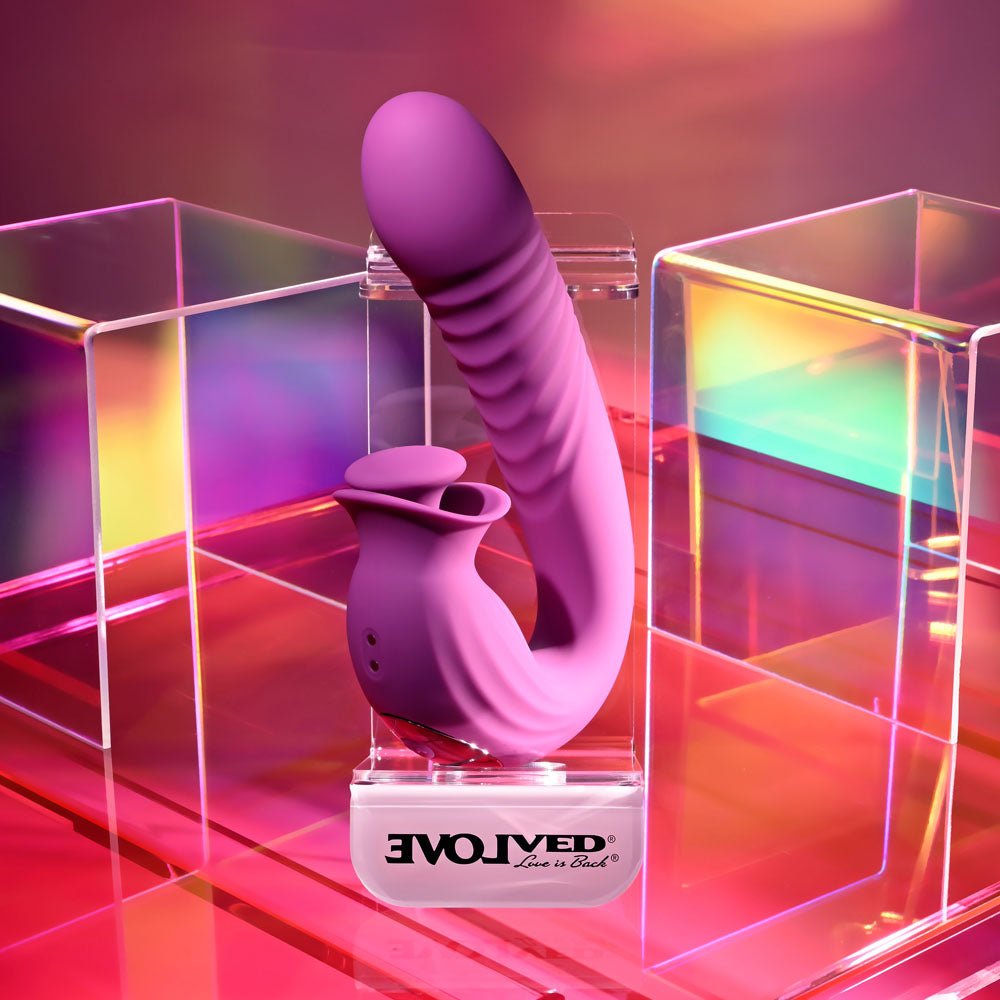 Evolved DEEP ECSTASY - Purple 16.5 cm USB Rechargeable Thrusting and Tapping Vibrator - Silk and Sin