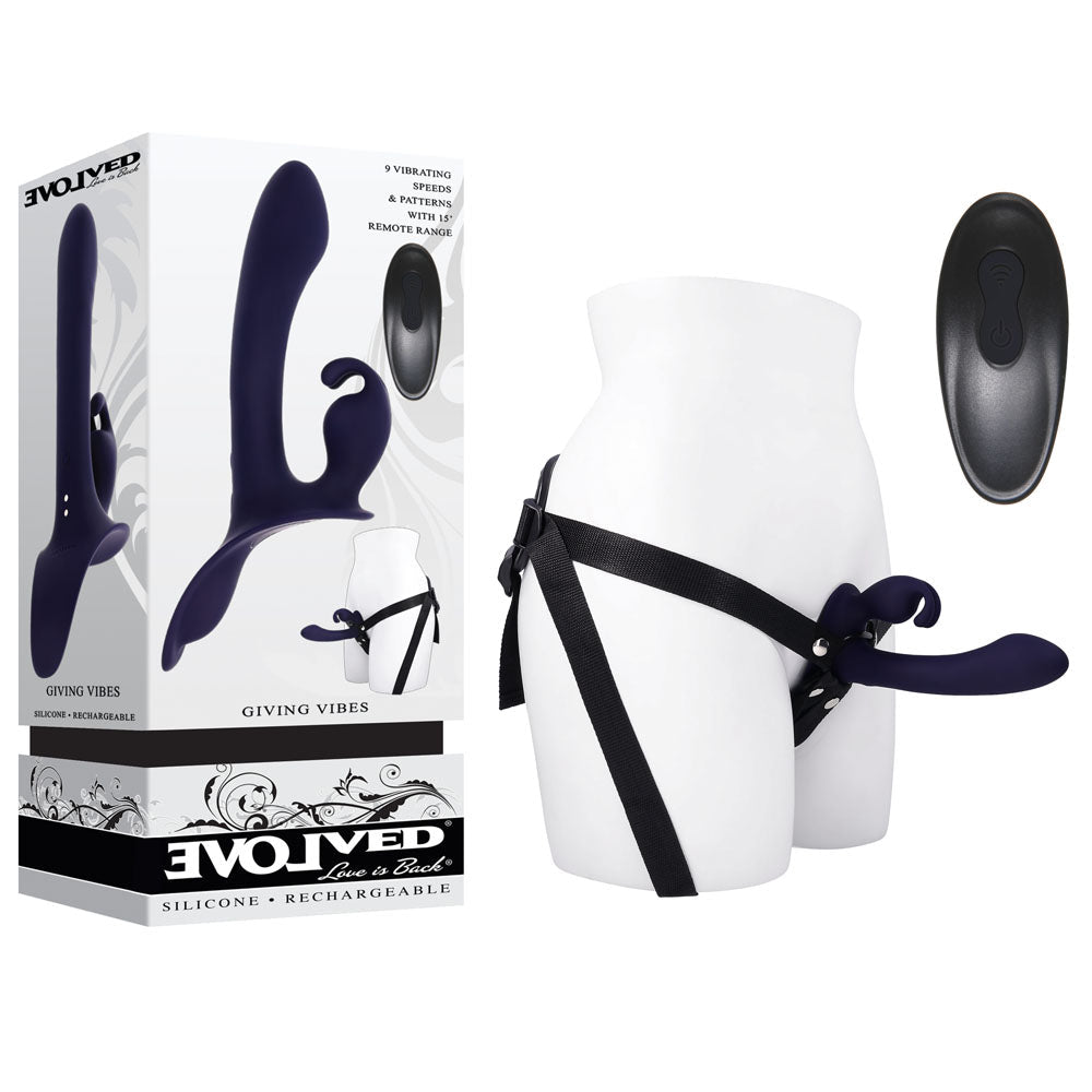 Evolved GIVING VIBES - Black 14.6 cm USB Rechargeable Vibrating Strap-On with Remote - Silk and Sin