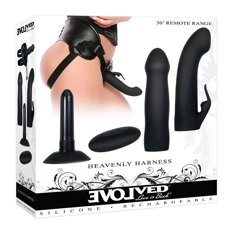 Evolved HEAVENLY HARNESS - Black USB Rechargeable Strap-On Kit - Silk and Sin