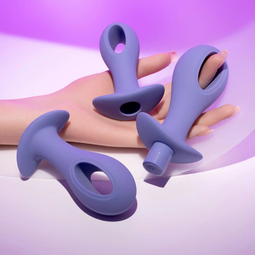 Evolved HOLE PUNCH PLUG SET - Purple Butt Plugs with Interchangeable Bullet - Set of 3 Sizes - Silk and Sin
