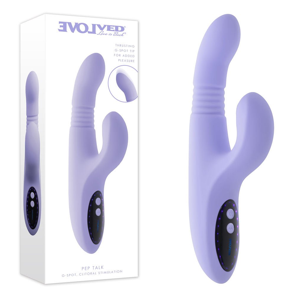 Evolved PEP TALK - Purple 23.3 cm USB Rechargeable Thrusting Vibrator with Tapping Clitoral Stimulator - Silk and Sin