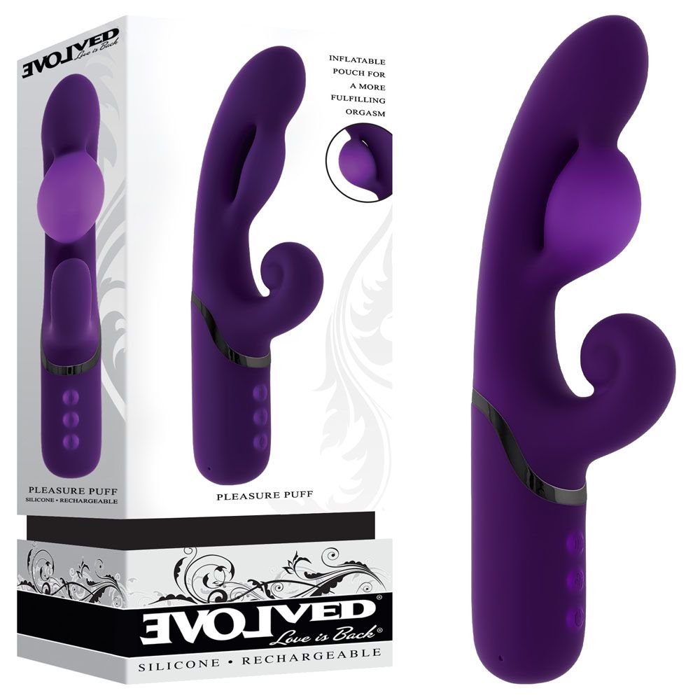Evolved PLEASURE PUFF - Purple 24.1 cm USB Rechargeable Inflatable Rabbit Vibrator - Silk and Sin