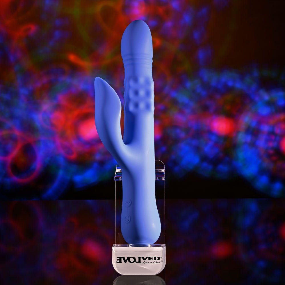 Evolved POP GOES THE O - Purple 24.7 cm USB Rechargeable Thrusting & Bulging Rabbit Vibrator - Silk and Sin