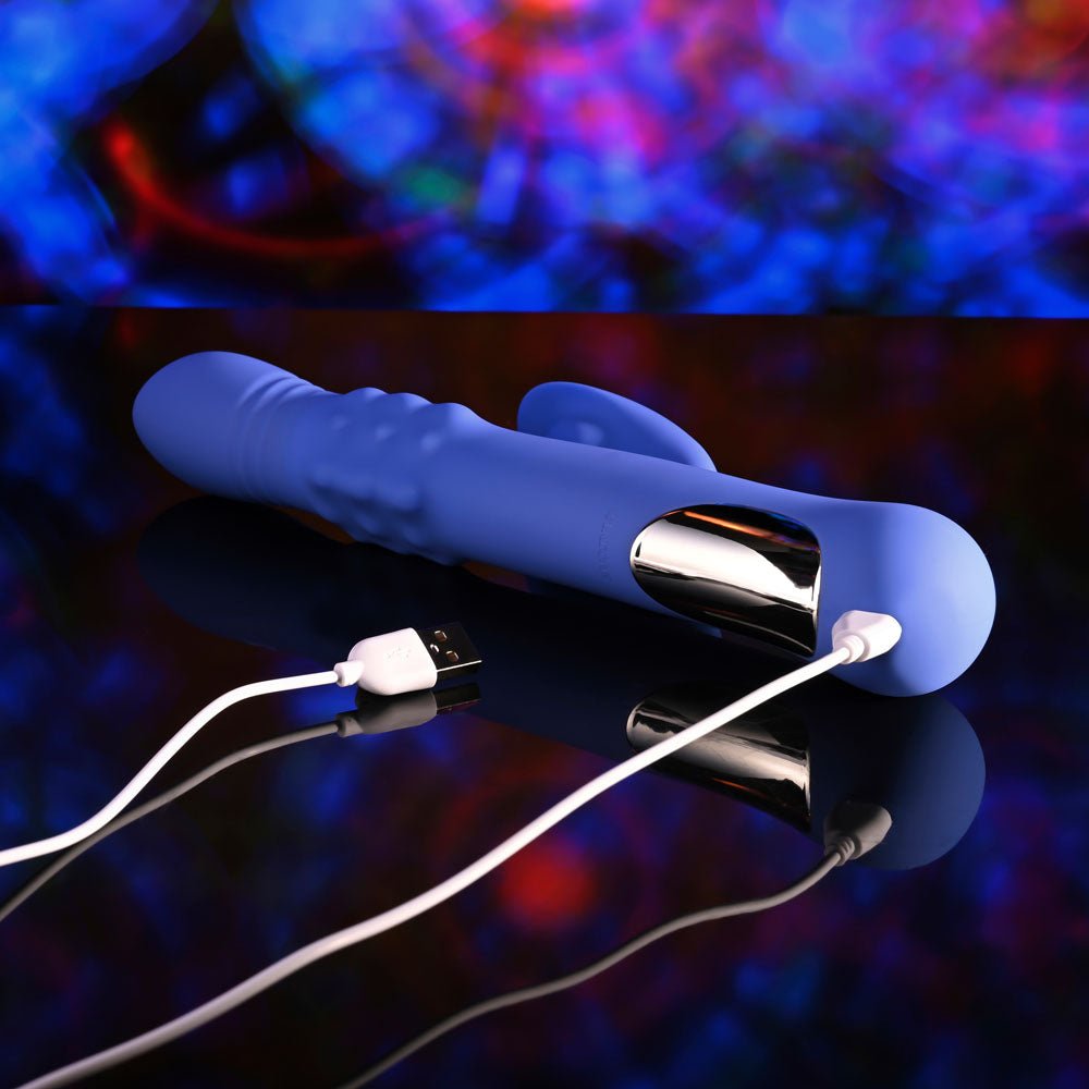 Evolved POP GOES THE O - Purple 24.7 cm USB Rechargeable Thrusting & Bulging Rabbit Vibrator - Silk and Sin