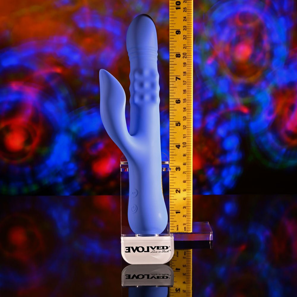 Evolved POP GOES THE O - Purple 24.7 cm USB Rechargeable Thrusting & Bulging Rabbit Vibrator - Silk and Sin