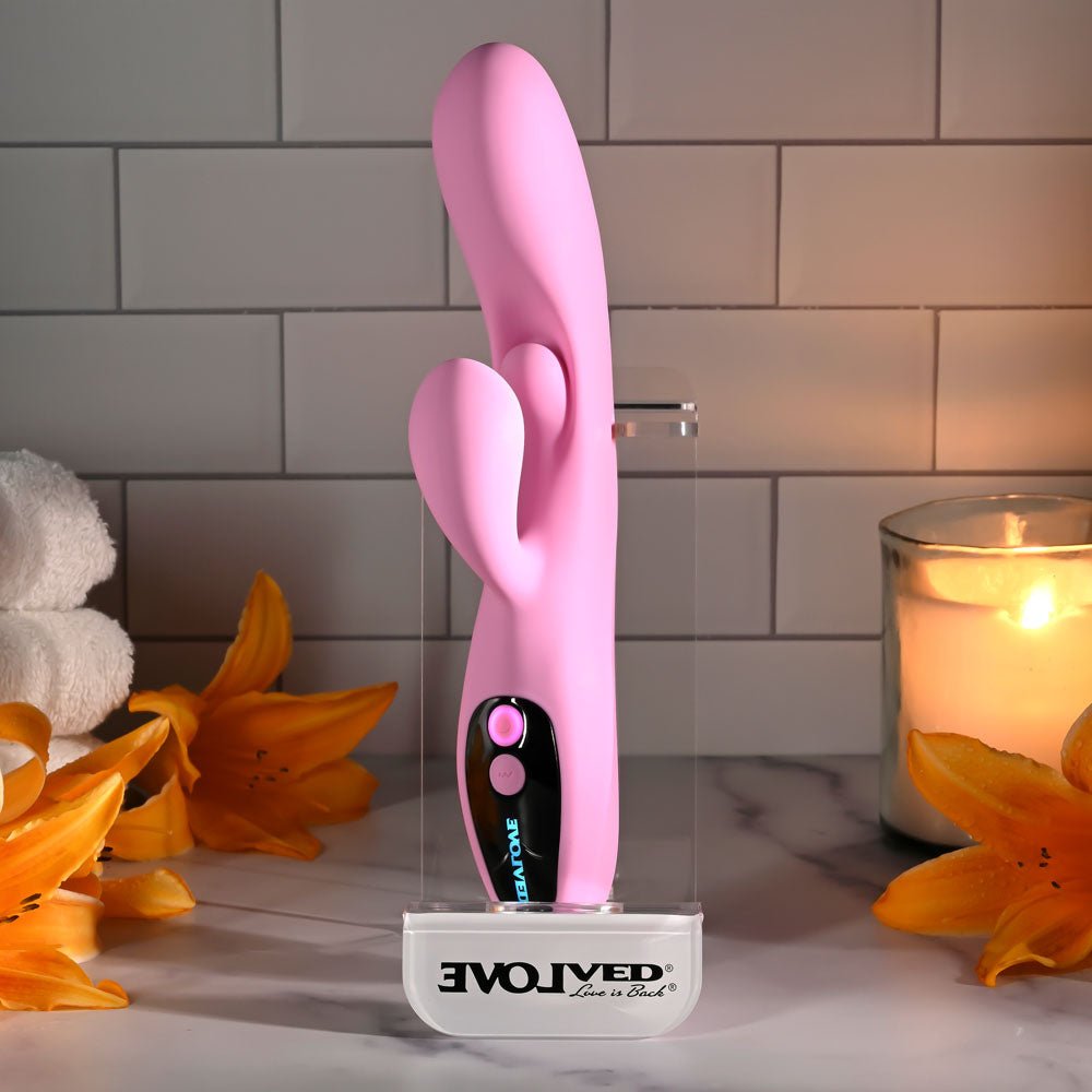 Evolved PUSH THE BUTTON - Pink 23.5 cm USB Rechargeable Rabbit Vibrator with G-Spot Bud - Silk and Sin