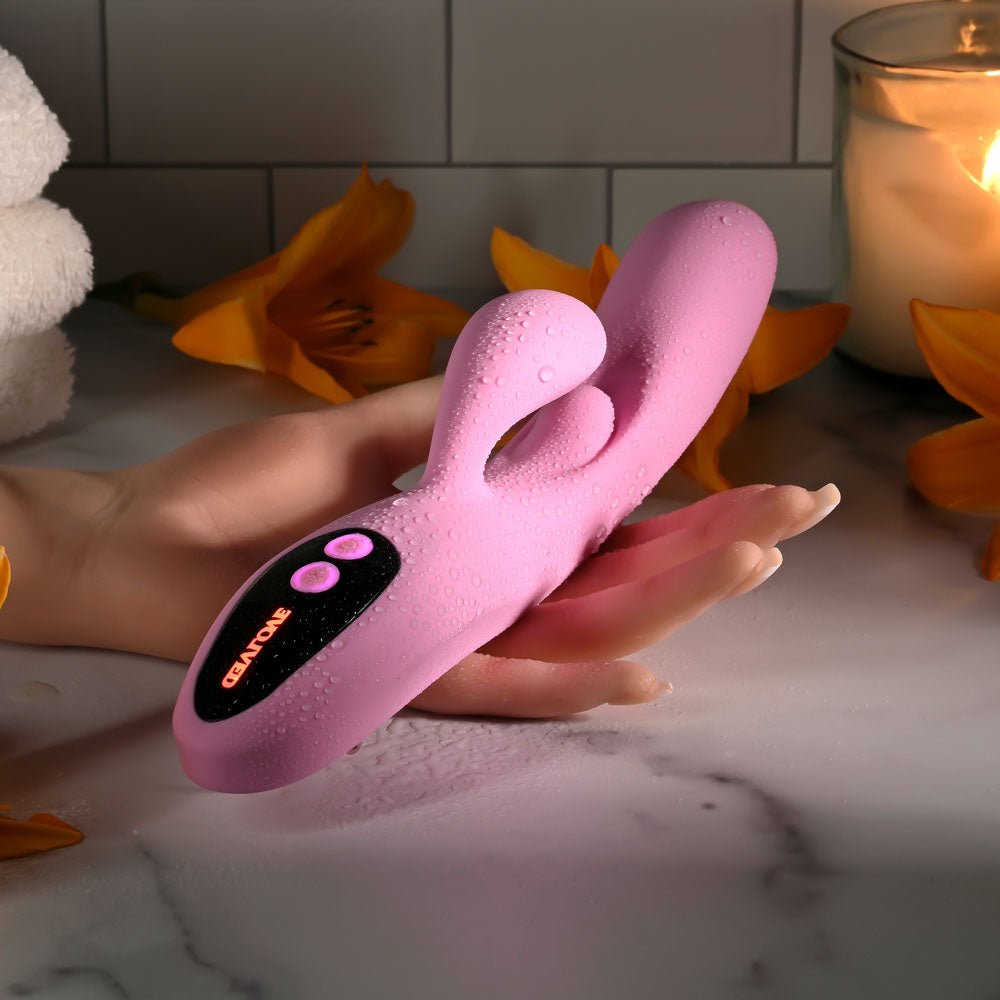 Evolved PUSH THE BUTTON - Pink 23.5 cm USB Rechargeable Rabbit Vibrator with G-Spot Bud - Silk and Sin
