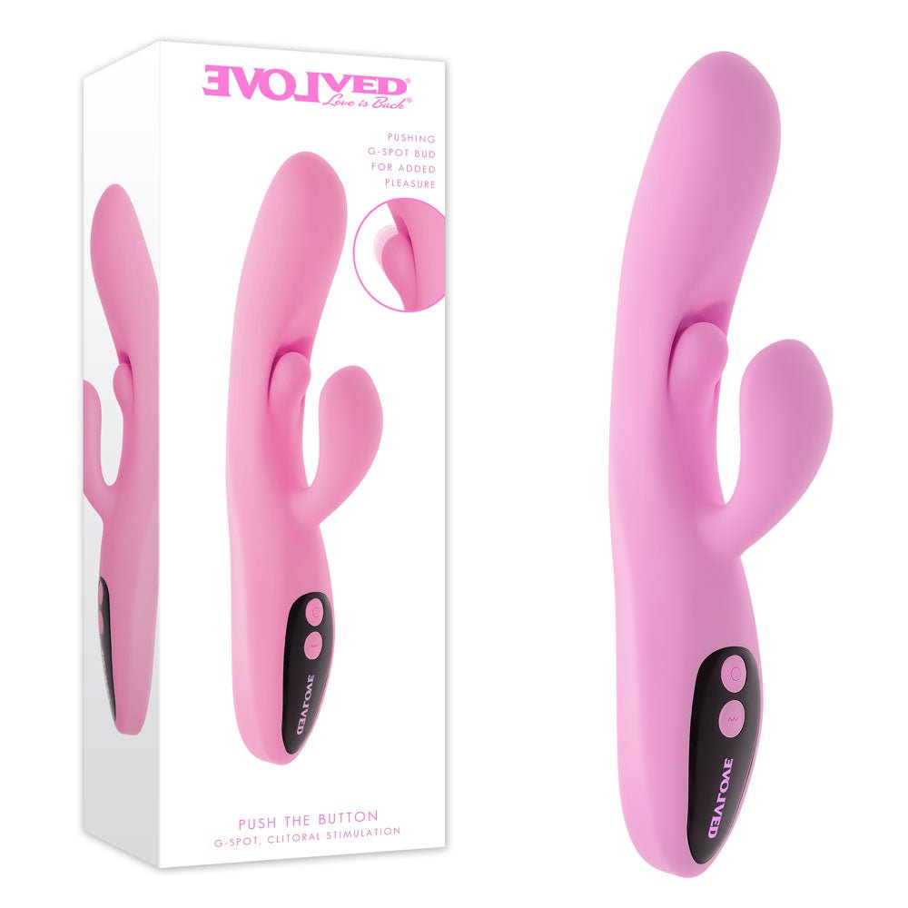 Evolved PUSH THE BUTTON - Pink 23.5 cm USB Rechargeable Rabbit Vibrator with G-Spot Bud - Silk and Sin