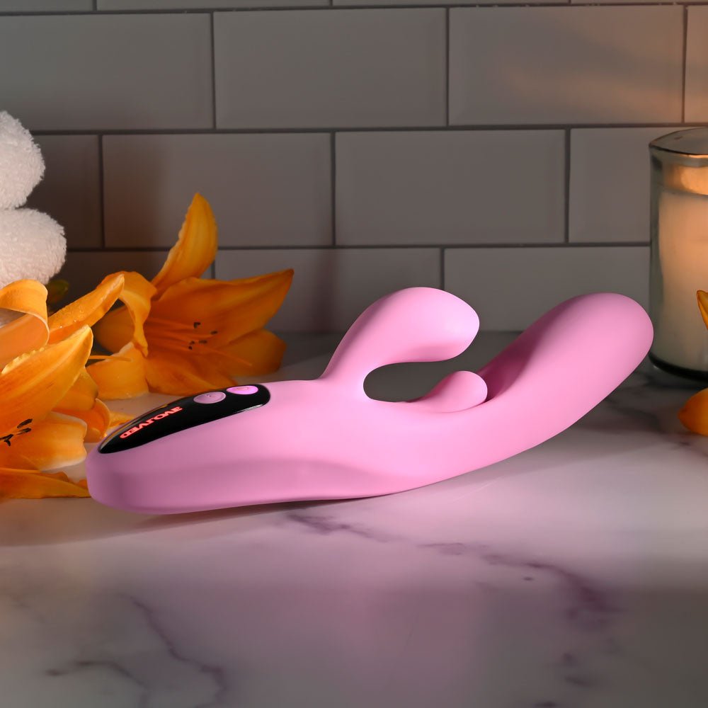 Evolved PUSH THE BUTTON - Pink 23.5 cm USB Rechargeable Rabbit Vibrator with G-Spot Bud - Silk and Sin