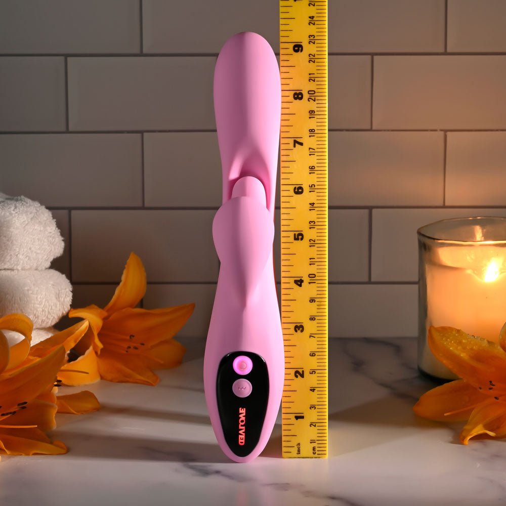 Evolved PUSH THE BUTTON - Pink 23.5 cm USB Rechargeable Rabbit Vibrator with G-Spot Bud - Silk and Sin
