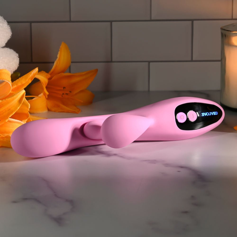 Evolved PUSH THE BUTTON - Pink 23.5 cm USB Rechargeable Rabbit Vibrator with G-Spot Bud - Silk and Sin