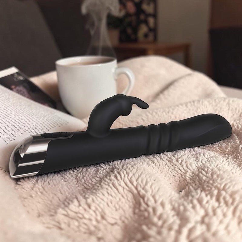 Evolved Rapid Rabbit - Black 25.4 cm USB Rechargeable Thrusting Rabbit Vibrator - Silk and Sin