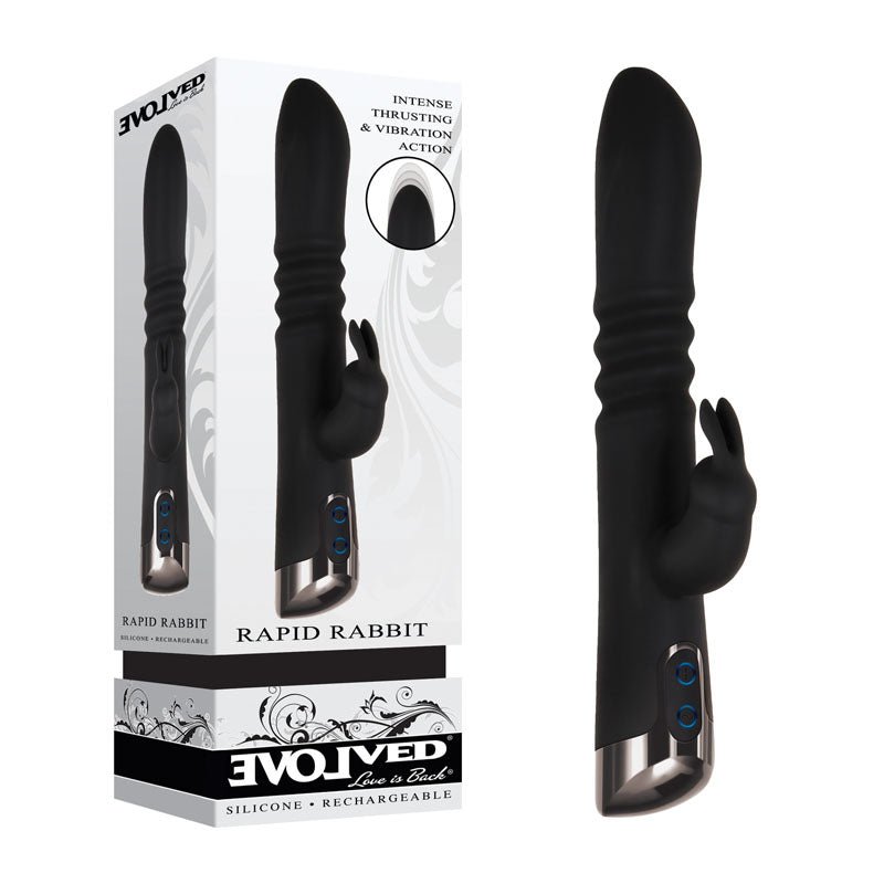 Evolved Rapid Rabbit - Black 25.4 cm USB Rechargeable Thrusting Rabbit Vibrator - Silk and Sin