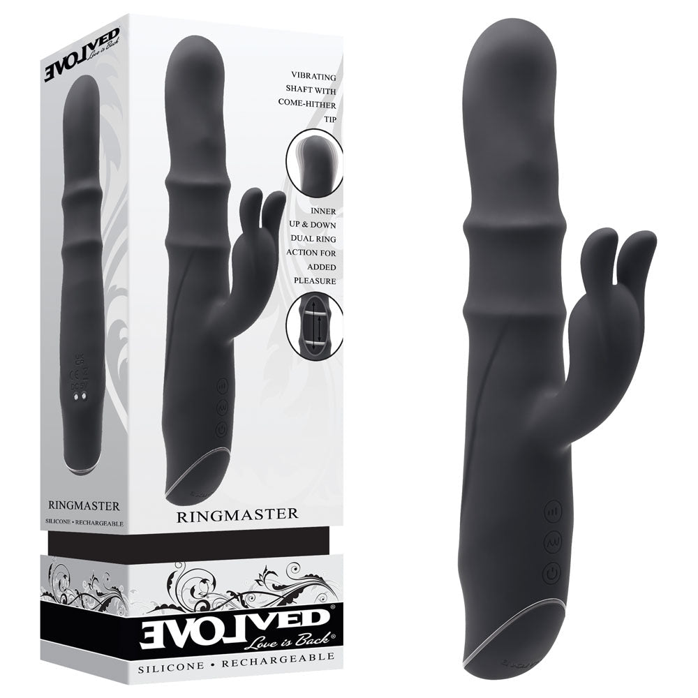 Evolved RINGMASTER - Black 23.1 cm USB Rechargeable Rabbit Vibrator - Silk and Sin