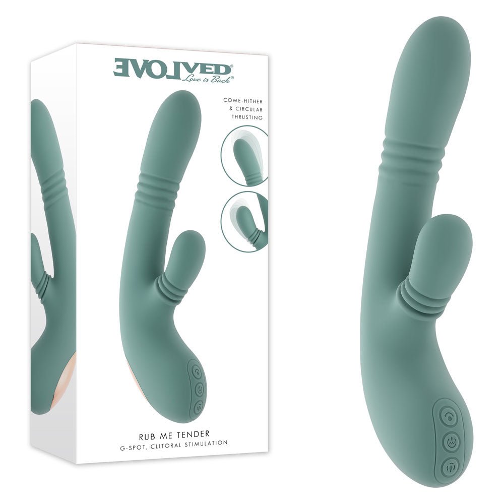 Evolved RUB ME TENDER - Green USB Rechargeable Gyrating & Thrusting Rabbit Vibrator - Silk and Sin