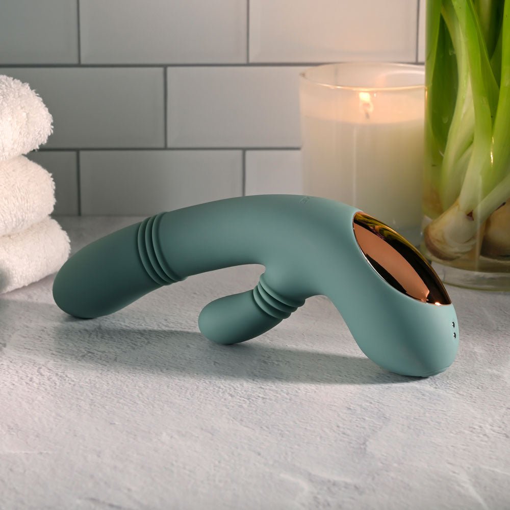 Evolved RUB ME TENDER - Green USB Rechargeable Gyrating & Thrusting Rabbit Vibrator - Silk and Sin