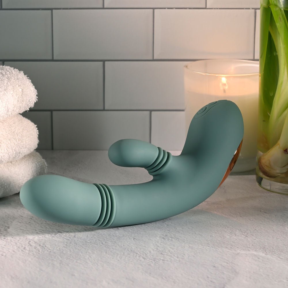 Evolved RUB ME TENDER - Green USB Rechargeable Gyrating & Thrusting Rabbit Vibrator - Silk and Sin