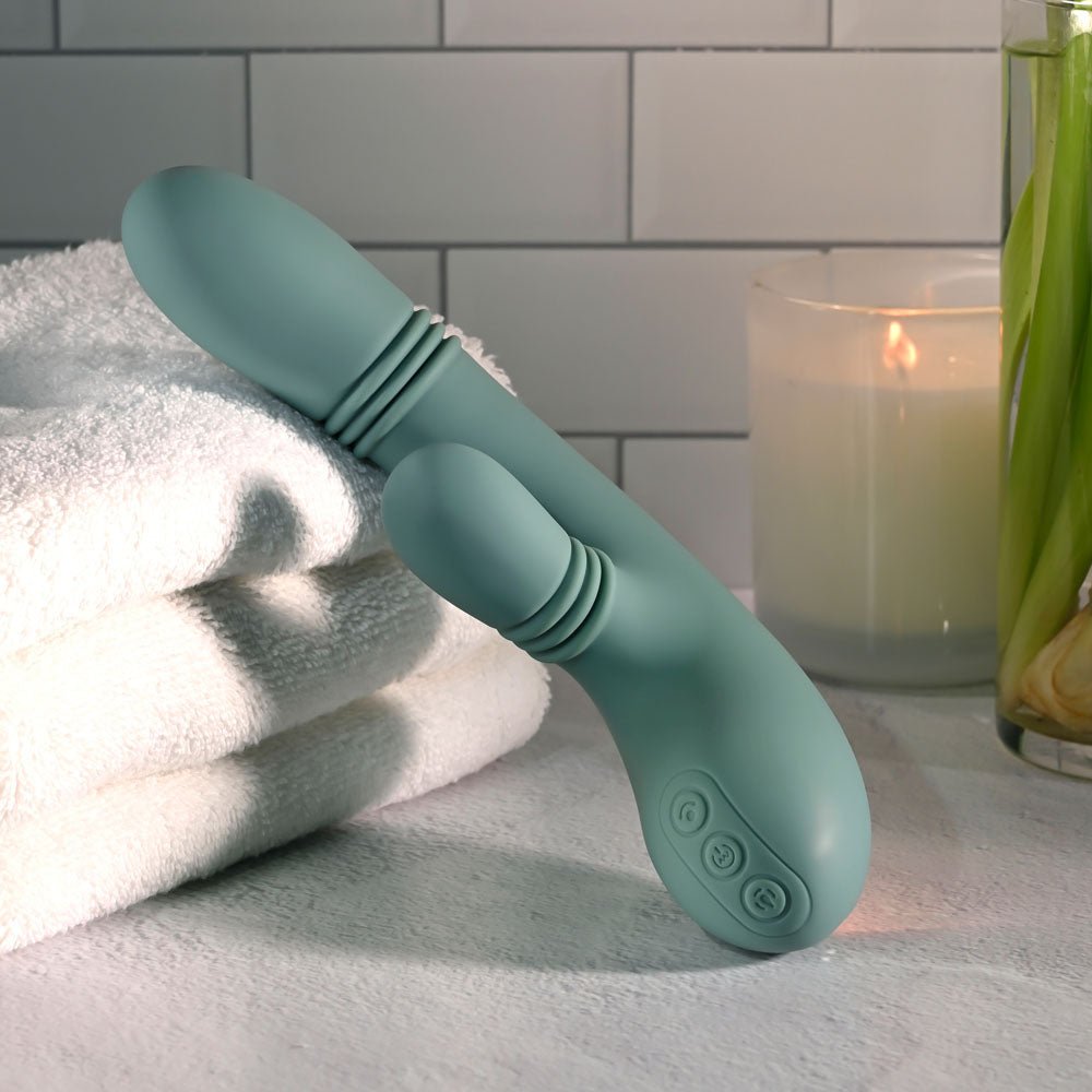 Evolved RUB ME TENDER - Green USB Rechargeable Gyrating & Thrusting Rabbit Vibrator - Silk and Sin