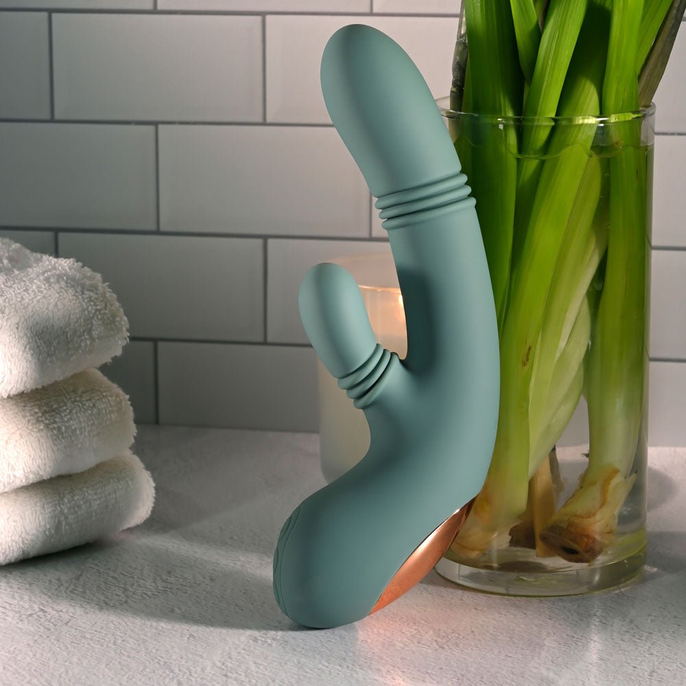 Evolved RUB ME TENDER - Green USB Rechargeable Gyrating & Thrusting Rabbit Vibrator - Silk and Sin
