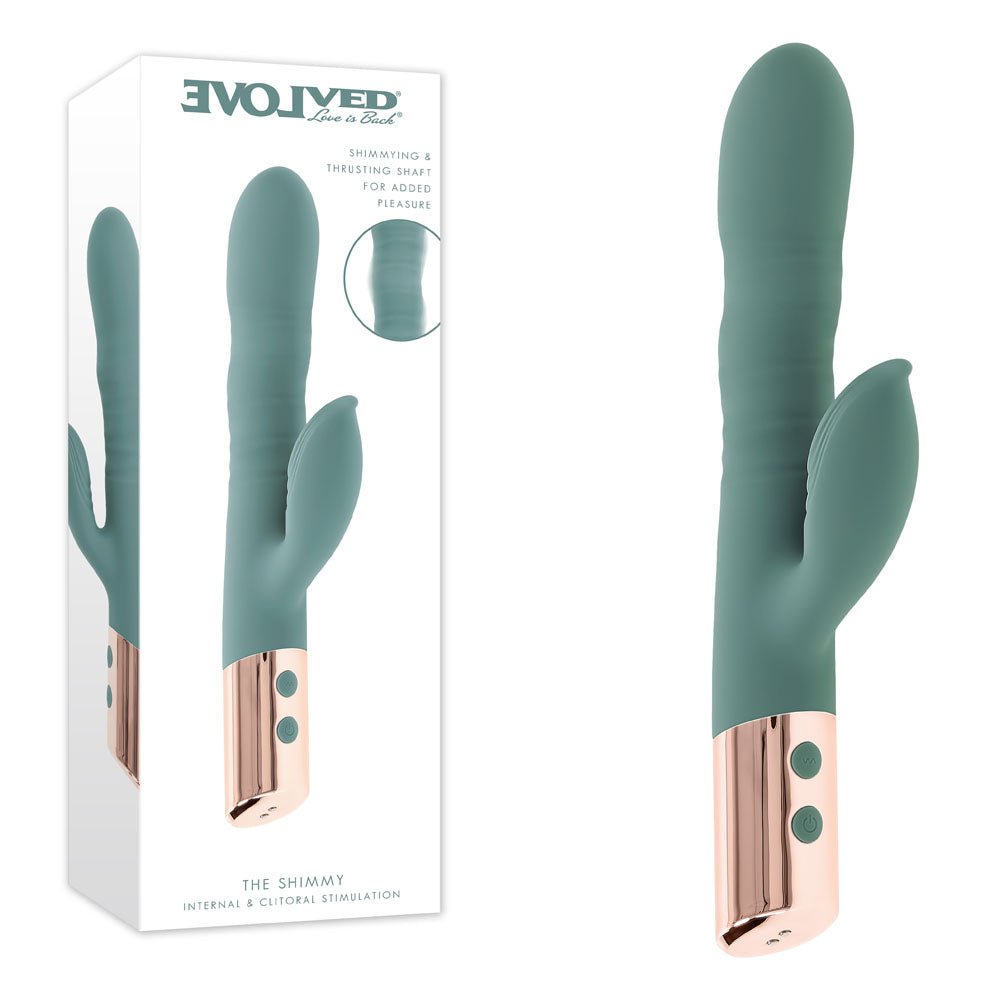 Evolved THE SHIMMY - Green USB Rechargeable Thrusting Rabbit Vibrator - Silk and Sin
