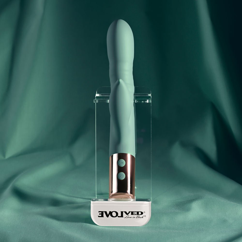 Evolved THE SHIMMY - Green USB Rechargeable Thrusting Rabbit Vibrator - Silk and Sin