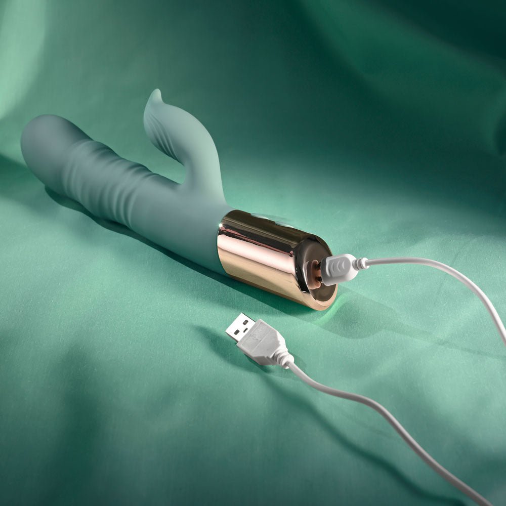 Evolved THE SHIMMY - Green USB Rechargeable Thrusting Rabbit Vibrator - Silk and Sin