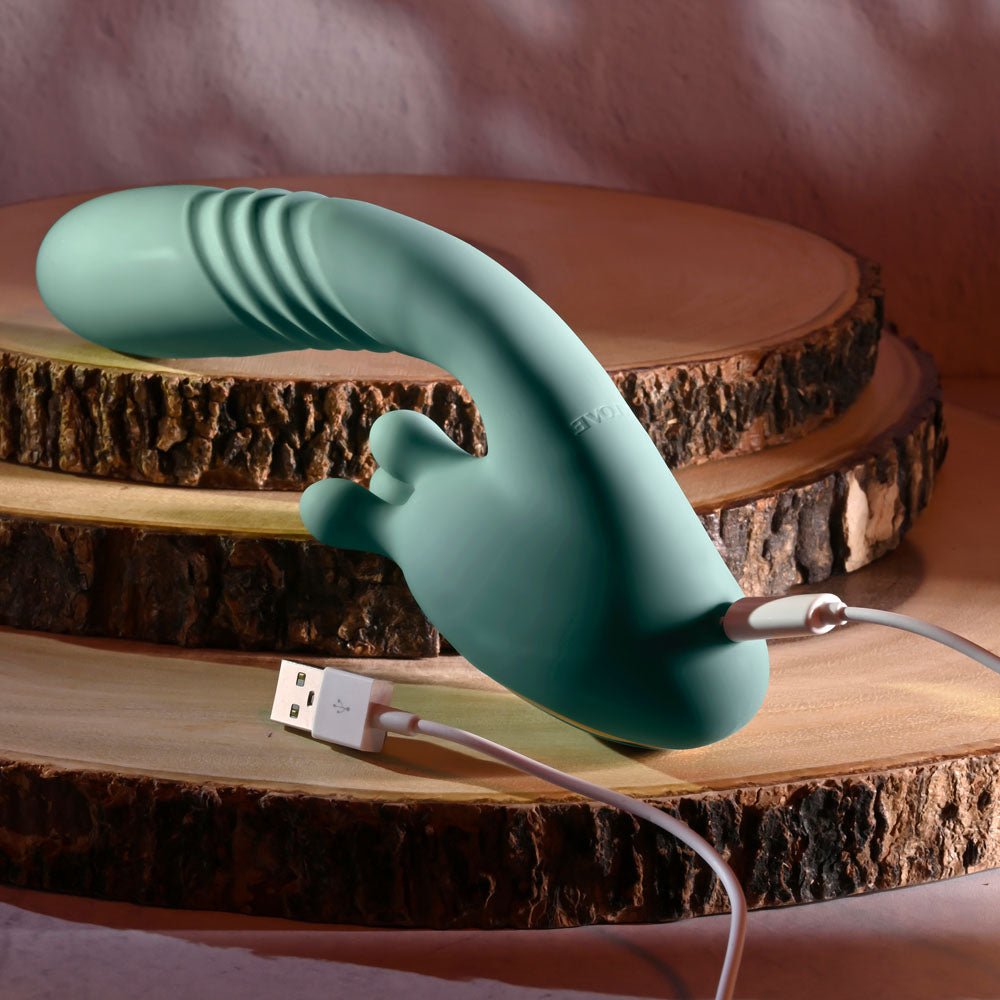 Evolved THRUST INTO ECSTASY - Green 21 cm USB Rechargeable Thrusting & Rotating Vibrator - Silk and Sin