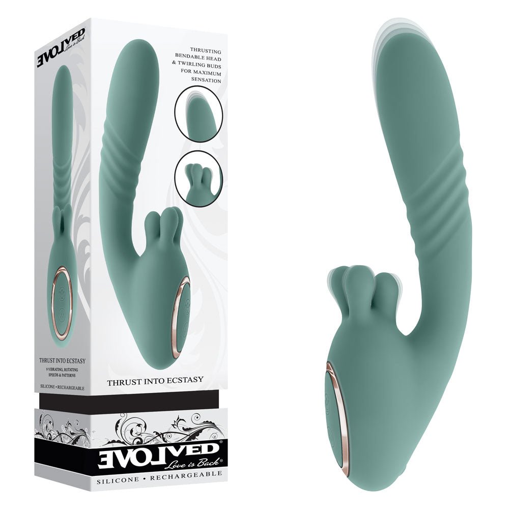 Evolved THRUST INTO ECSTASY - Green 21 cm USB Rechargeable Thrusting & Rotating Vibrator - Silk and Sin