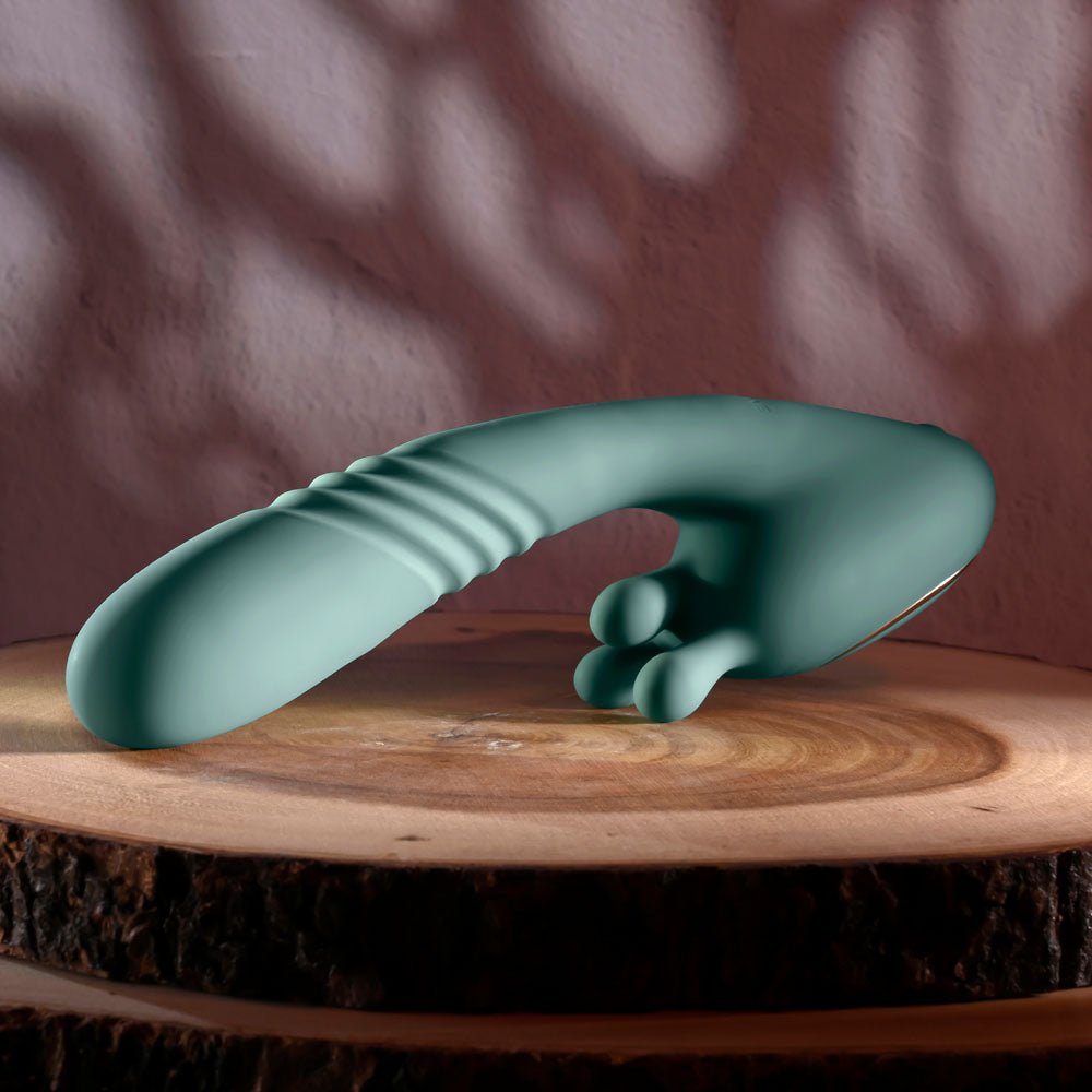 Evolved THRUST INTO ECSTASY - Green 21 cm USB Rechargeable Thrusting & Rotating Vibrator - Silk and Sin