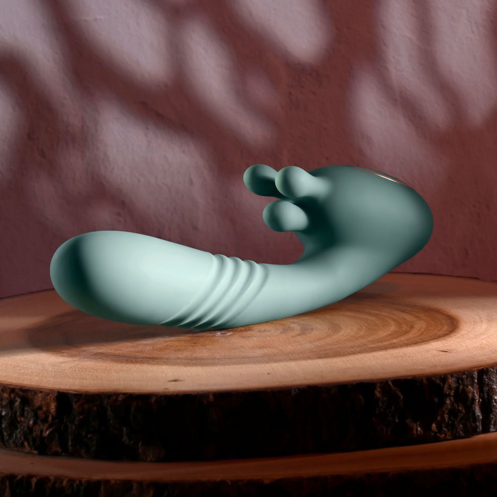 Evolved THRUST INTO ECSTASY - Green 21 cm USB Rechargeable Thrusting & Rotating Vibrator - Silk and Sin