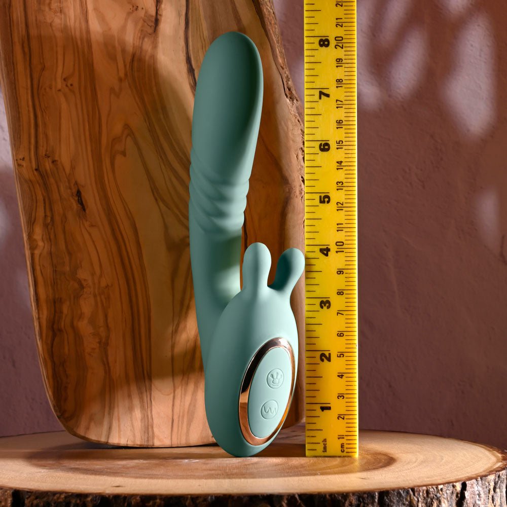 Evolved THRUST INTO ECSTASY - Green 21 cm USB Rechargeable Thrusting & Rotating Vibrator - Silk and Sin