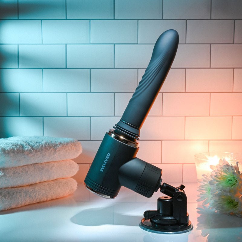 Evolved TOO HOT TO HANDLE - Black USB Rechargeable Thrusting Vibe with Stand - Silk and Sin