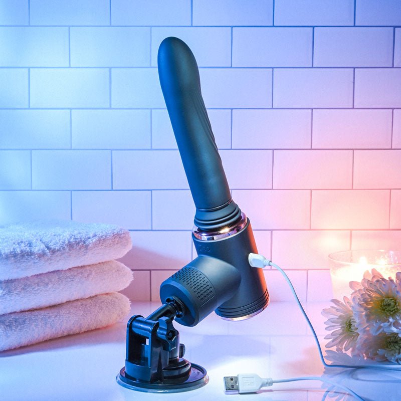 Evolved TOO HOT TO HANDLE - Black USB Rechargeable Thrusting Vibe with Stand - Silk and Sin
