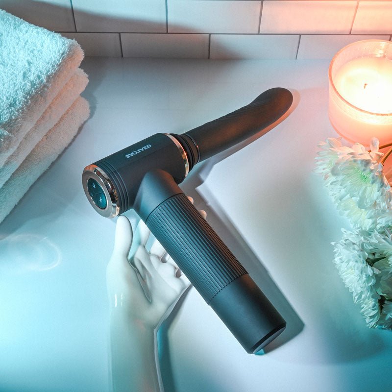 Evolved TOO HOT TO HANDLE - Black USB Rechargeable Thrusting Vibe with Stand - Silk and Sin