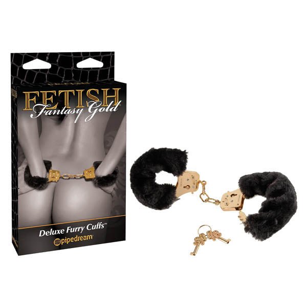 Fetish Fantasy Gold Deluxe Furry Cuffs - Black/Gold Furry Restraints - silkandsin