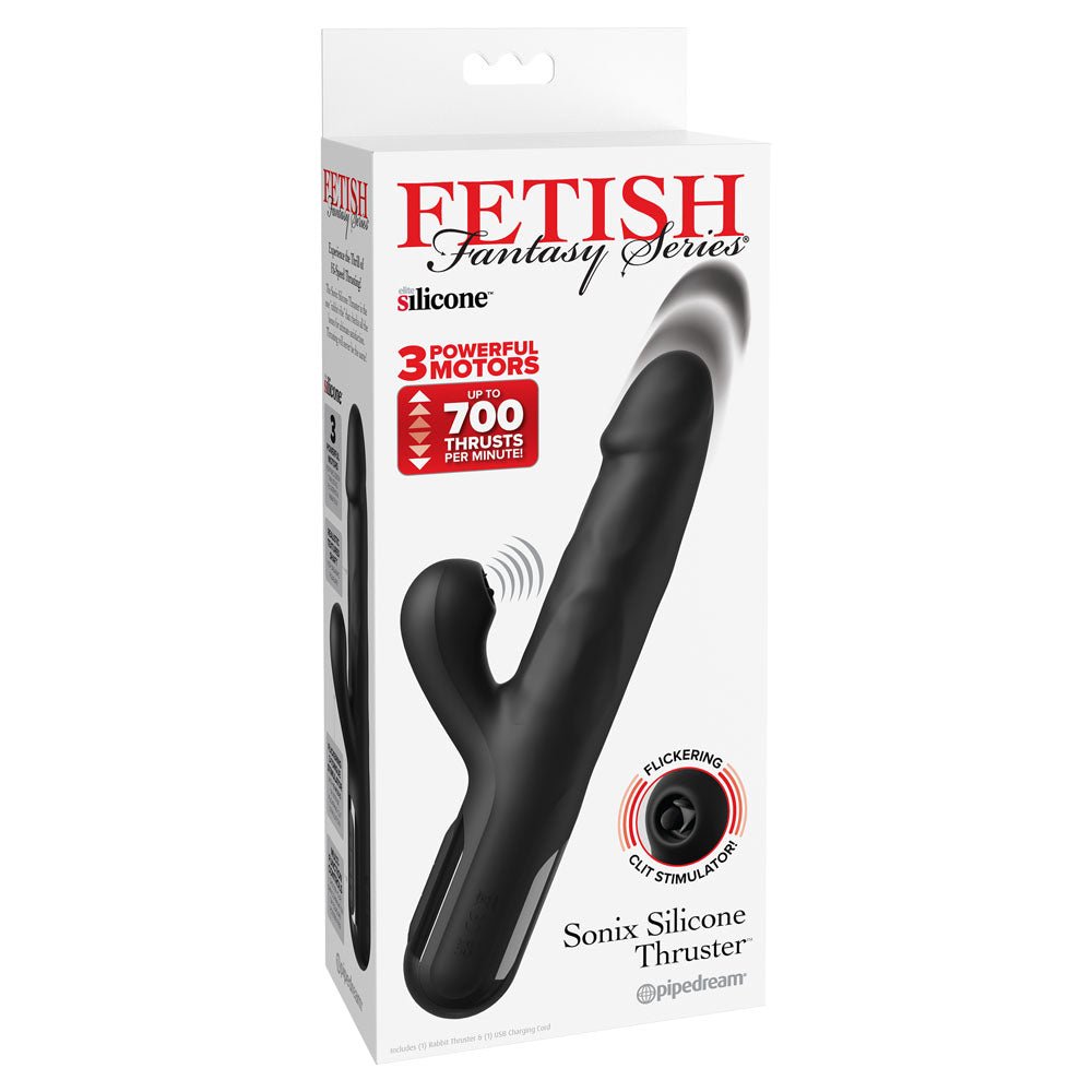 FFS Sonix Silicone Thruster - Black 22 cm USB Rechargeable Thrusting Vibrator with Flicking Clit Stim - silkandsin
