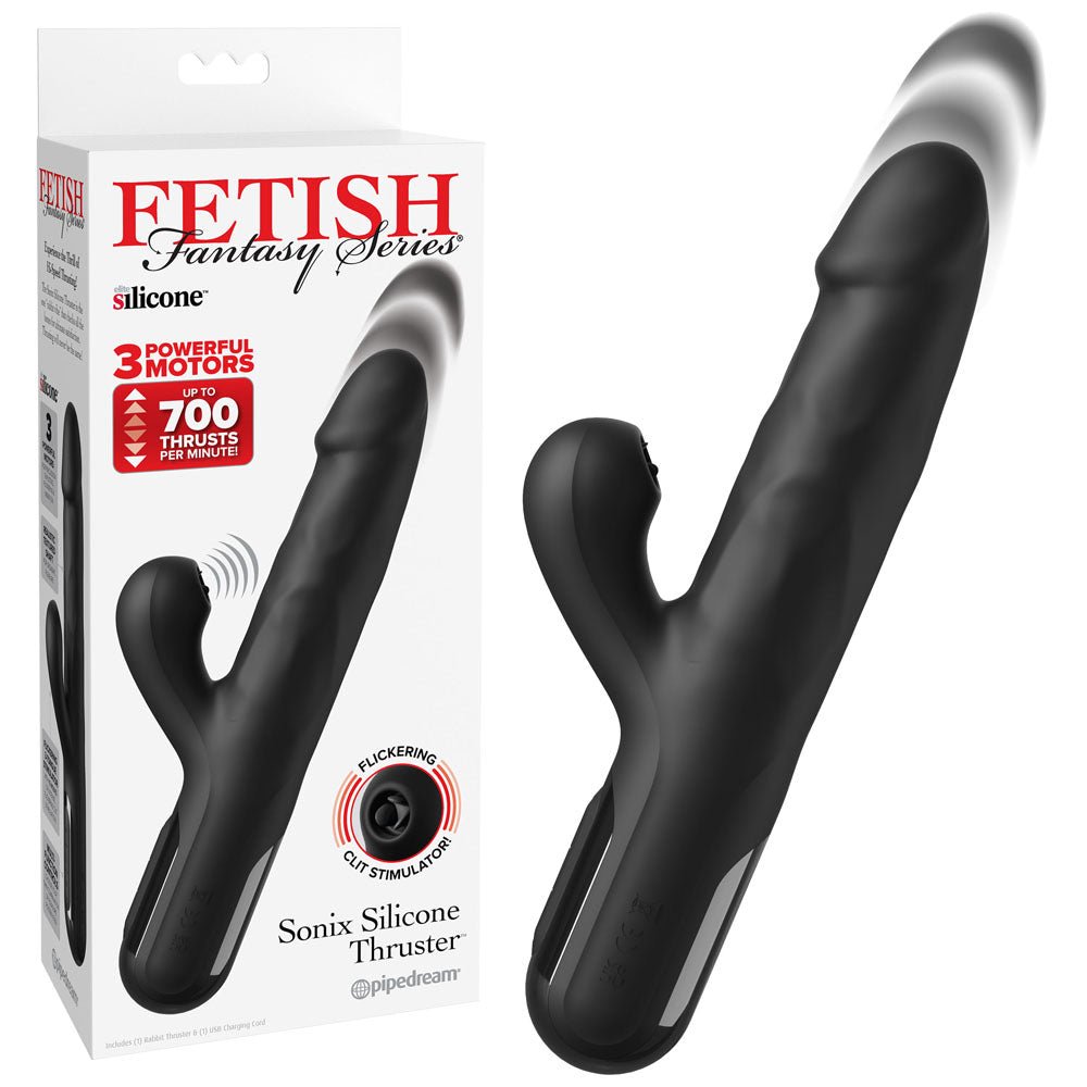 FFS Sonix Silicone Thruster - Black 22 cm USB Rechargeable Thrusting Vibrator with Flicking Clit Stim - silkandsin