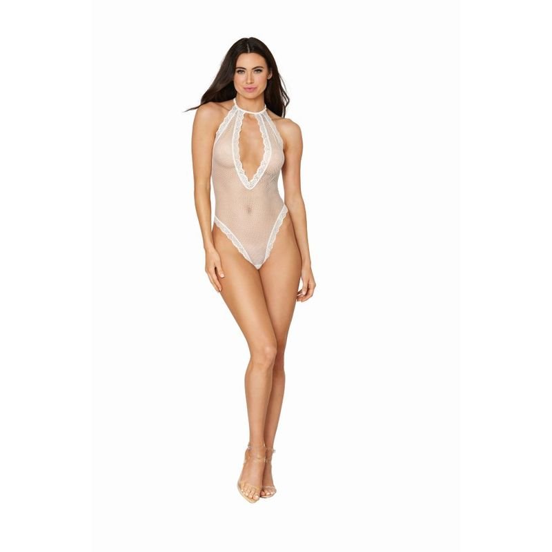 Fishnet Halter Teddy w Stretch Lace Edge Trims White - Silk and Sin