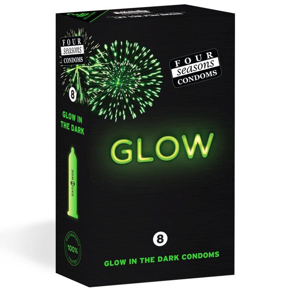 Four Seasons Glow N' Dark Condoms - Glow In The Dark Lubricated Condoms - 8 Pack - Silk and Sin