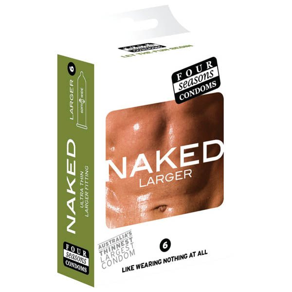 Four Seasons Naked Larger Fitting Condoms - Naked Larger Fitting Lubricated Condoms - 6 Pack - Silk and Sin