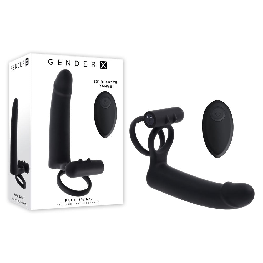 Gender X FULL SWING - Black USB Rechargeable Vibrating Cock Ring with Double Penetrator Dildo - Silk and Sin