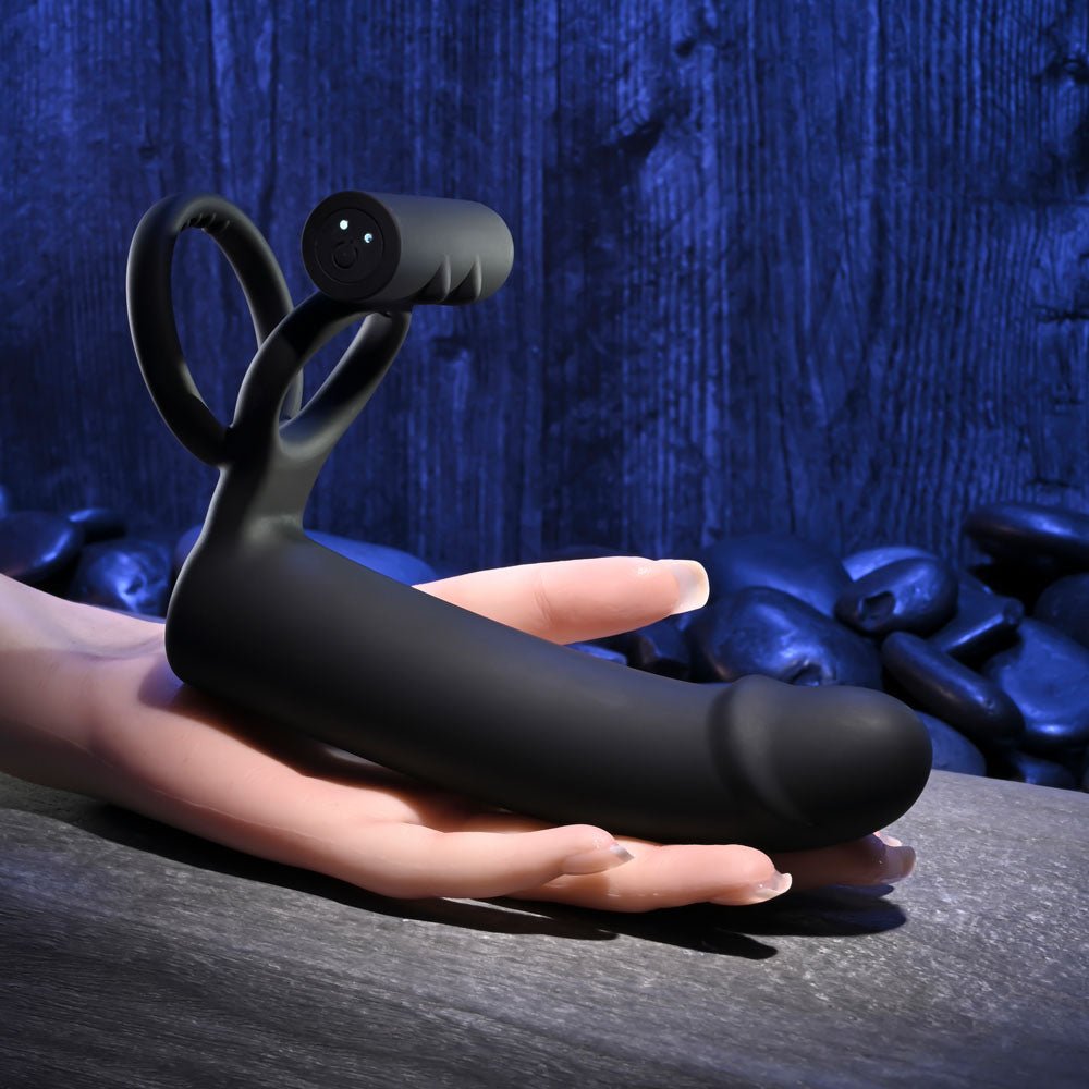 Gender X FULL SWING - Black USB Rechargeable Vibrating Cock Ring with Double Penetrator Dildo - Silk and Sin
