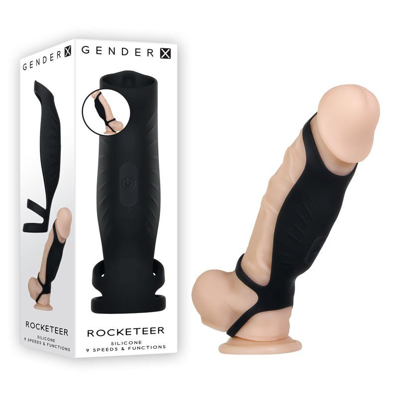Gender X ROCKETEER - Black USB Rechargeable Vibrating Penis Sleeve - Silk and Sin